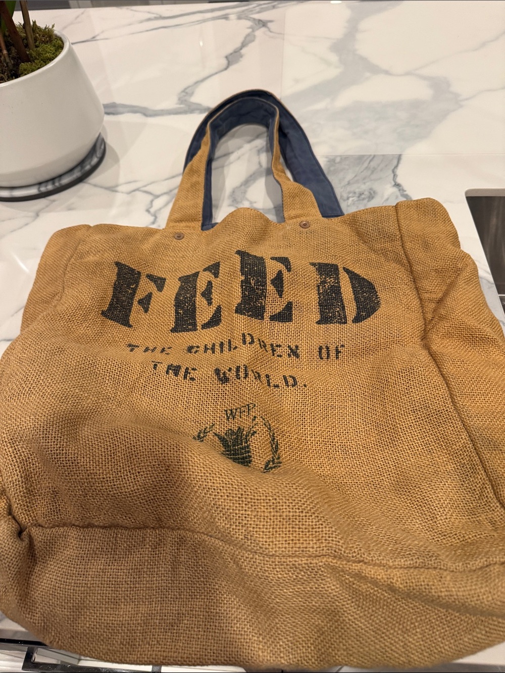 FEED Tan Canvas Messenger Tote with Navy Handles